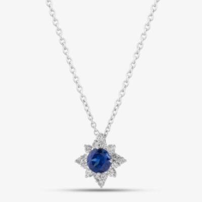 18ct White Gold 0.43ct Sapphire & 0.18ct Brilliant Cut Diamond Star Halo Necklace 29292