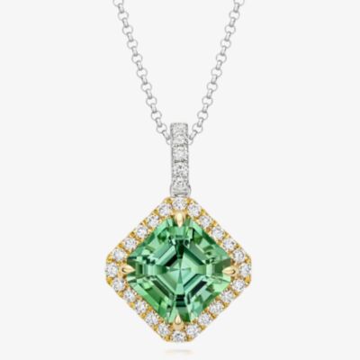 Tivon 18ct Gold Cushion-Cut Green Tourmaline & Diamond Cluster Pendant Necklace PTT-0979-GT