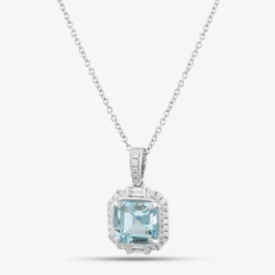 18ct White Gold Asscher Cut Aquamarine & Brilliant Cut Diamond Square Halo Necklace LG232/PA(AQ)