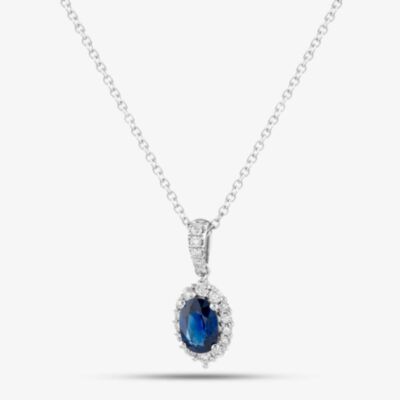18ct White Gold Oval Cut Sapphire & Brilliant Cut Diamond Halo Necklace LG237/PA(BS)