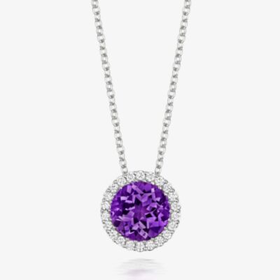 Tivon Classic 18ct White Gold Amethyst & Diamond Round Cluster Necklace PW-0849-AM