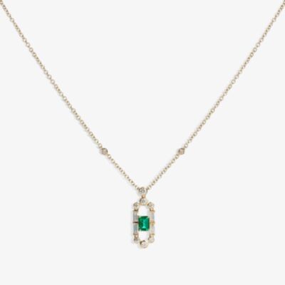 18ct Gold Gatsby Baguette-cut Emerald and Round Diamond Dropper Necklace LG194/NB(EM)