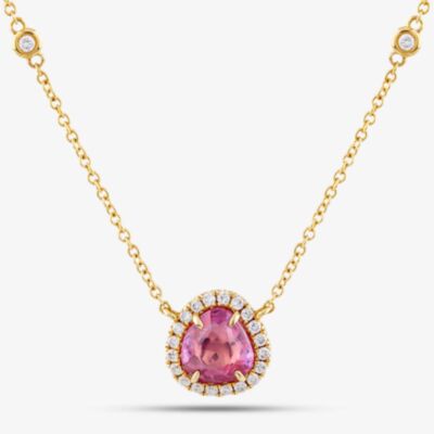 18ct Yellow Gold 1.06ct Pink Sapphire & 0.22ct Brilliant Cut Diamond Halo Necklace NTX1663 18YG