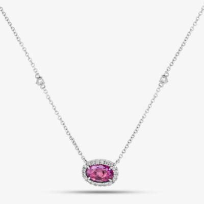 18ct White Gold 0.90ct Oval Cut Pink Sapphire & 0.19ct Brilliant Cut Diamond Halo Necklace NTX1695 18WG