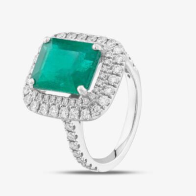 Platinum 6.07ct Emerald Cut Emerald & 1.04ct Brilliant Cut Diamond Halo Ring 17177