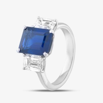 Platinum 3.85ct Emerald Cut Sapphire & 2.03ct Emerald Cut Sapphire Shoulder Set Solitaire Ring 5566