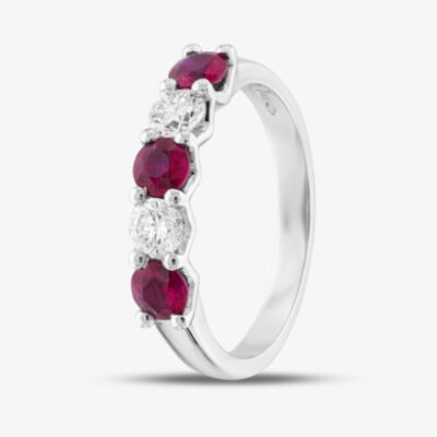 Platinum Silver 0.82ct Brilliant Cut Ruby & 0.40ct Diamond Five Stone Ring 32707