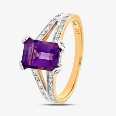 9ct Yellow Gold Emerald Cut Amethyst & 0.13ct Diamond Split Shoulder Ring PR06767Y AM