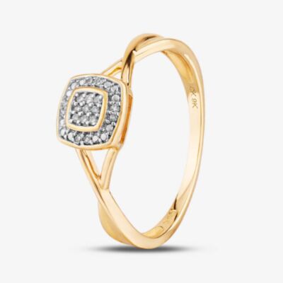  9ct Yellow Gold 0.05ct Diamond Pave Square Cluster Promise Ring THR19766-05 9Ky 