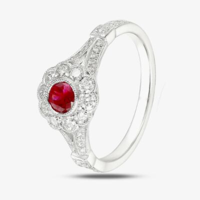 18ct White Gold Oval Ruby and Diamond Shouldered Vintage Cluster Ring EC1030/RU/WG