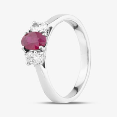 Platinum 0.65ct Oval Cut Burmese Ruby & 0.31ct Oval Cut Diamond Three Stone Ring MQ9327