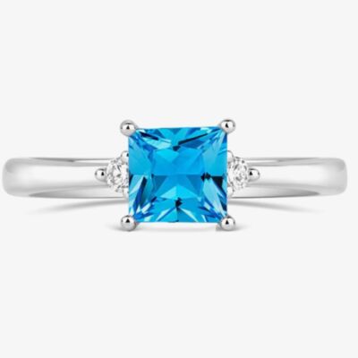 Tivon 18ct White Gold Princess Cut 0.60ct Blue Topaz Three Stone Ring RW-1654-BT