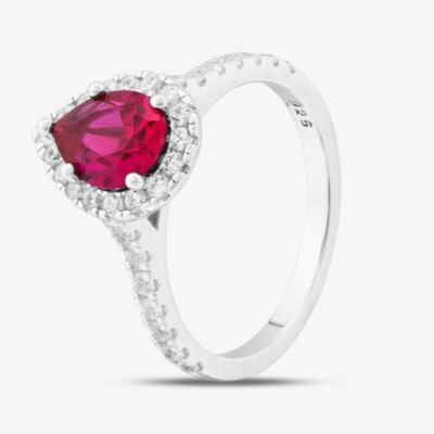 Sterling Silver Red Pear Cut Cubic Zirconia Shoulder Set Halo Ring S2185