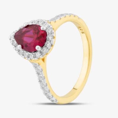 Silver Gold Plated Red Pear Cut Cubic Zirconia Shoulder Set Halo Ring S2185Y