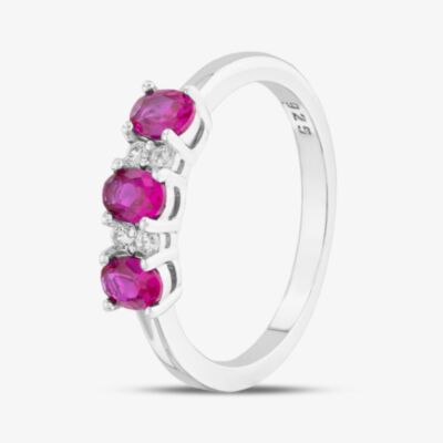 Sterling Silver Oval & Brilliant Cut Red & White Three Stone Ring S2226