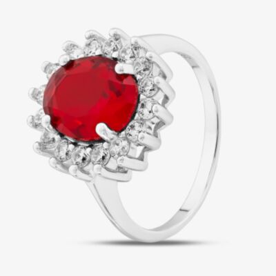 Sterling Silver Oval Cut Red & White Cubic Zirconia Halo Ring S2161