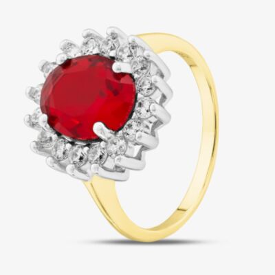 Silver Gold Plated Oval Cut Red & White Cubic Zirconia Halo Ring S2161Y