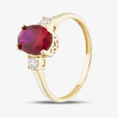 Gold Impression 9ct Yellow Gold Oval Cut Red Cubic Zirconia Three Stone Ring RBE045R