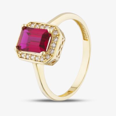 Gold Impression 9ct Yellow Gold Emerald Cut Red Cubic Zirconia Cluster Ring RBE047R