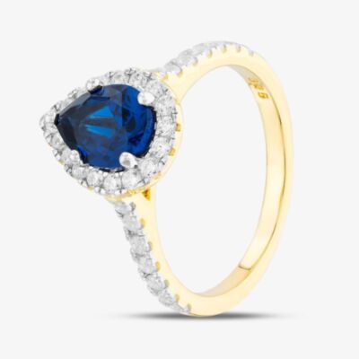 Silver Gold Plated Blue Pear Cut Cubic Zirconia Shoulder Set Halo Ring S2183Y