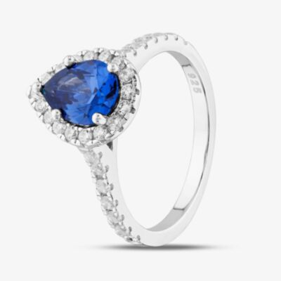 Sterling Silver Blue Pear Cut Cubic Zirconia Shoulder Set Halo Ring S2186
