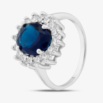 Sterling Silver Oval Cut Blue Cubic Zirconia Cluster Ring S2159
