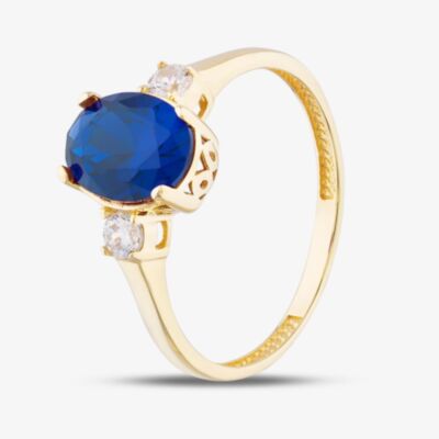 Gold Impression 9ct Yellow Gold Oval Cut Blue Cubic Zirconia Three Stone Ring RBE045B