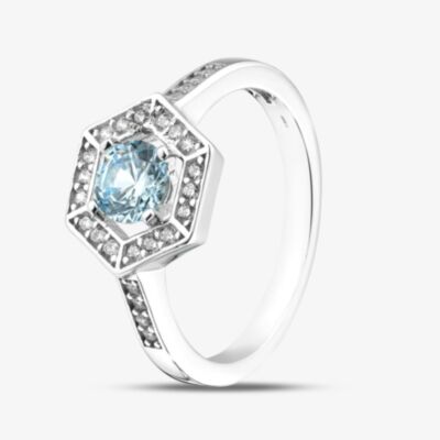 Silver Sparkle Rhodium Plated Sterling Silver Light Blue & White Cubic Zirconia Hexagon Halo Ring 8.84.0921