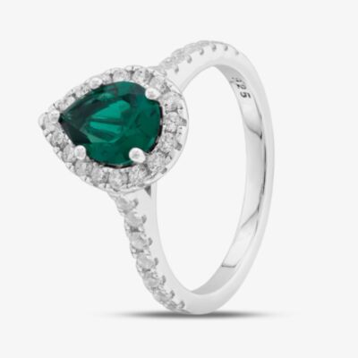 Sterling Silver Teardrop Green & White Cubic Zirconia Ring S2184