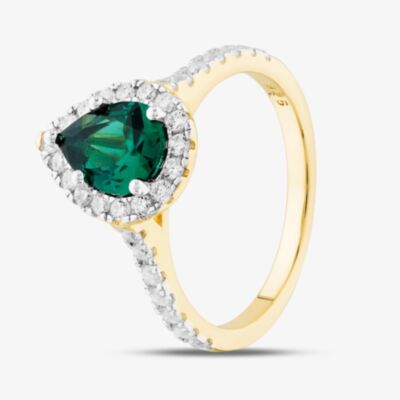 Silver Gold Plated Teardrop Green & White Cubic Zirconia Ring S2184Y