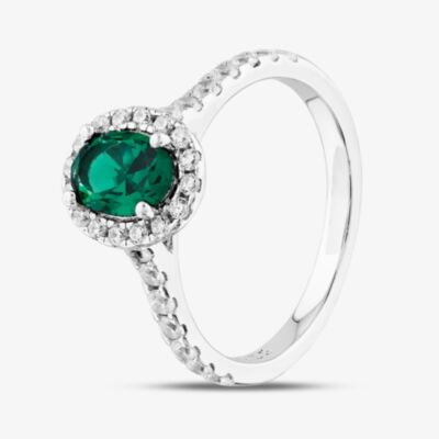 Sterling Silver Oval Cut Green Cubic Zirconia Shoulder Set Cluster Ring S2173