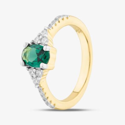 Silver Gold Plated Oval Cut Green Cubic Zirconia Shoulder Set Ring S2229Y