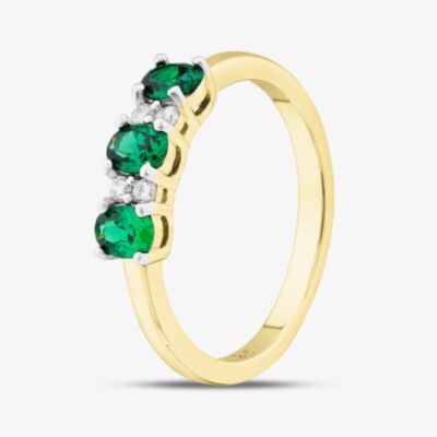 Silver Gold Plated Oval & Brilliant Cut Green Cubic Zirconia Three Stone Ring S2225Y