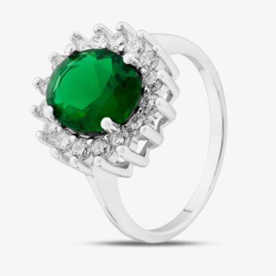 Sterling Silver Oval & Brilliant Cut Green Cubic Zirconia Halo Ring S2160