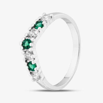 Sterling Silver Brilliant Cut Green & White Cubic Zirconia Wishbone Ring S2220
