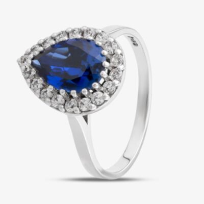 9ct White Gold Synthetic Pear Cut Sapphire & Cubic Zirconia Halo Ring 4364/CZ P