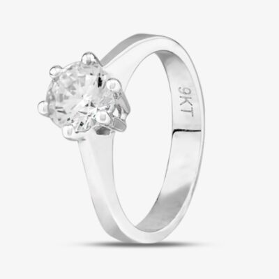 9ct White Gold Clear Crystal Six Claw Solitaire Ring MR4130W