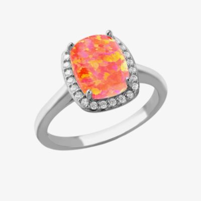 Silver Synthetic Orange Opal & Cubic Zirconia Halo Ring 8.86.0459
