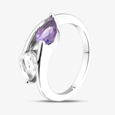Silver Sparkle Rhodium Plated Sterling Silver Amethyst & Topaz Crossover Ring 8.86.0069