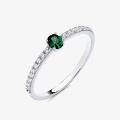 Fashionista Silver Sterling Silver Oval Cut Simulated Emerald & Cubic Zirconia Shoulder Set Solitaire Ring S2233
