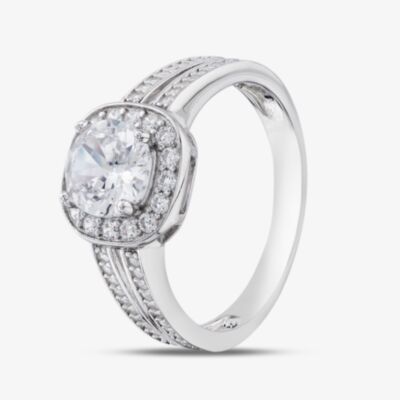 Silver Brilliant Cut Cubic Zirconia Shoulder Set Halo Ring R6852