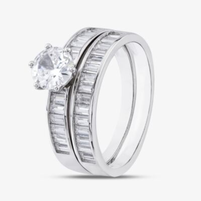 Silver Baguette Cut Cubic Zirconia Two Row Shoulder Set Solitaire Ring R6595