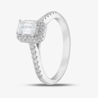 Pure Brilliance 9ct White Gold Certified Lab Grown 0.75ct Emerald & Brilliant Cut Diamond Shoulder Set Halo Ring LGR15213-100E (WG)