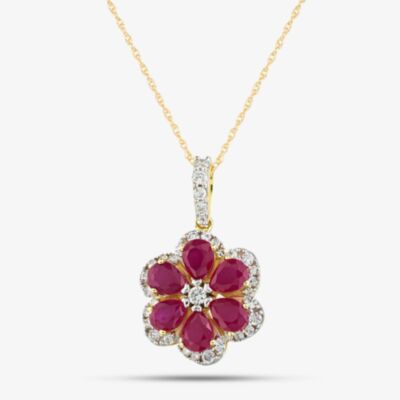 9ct Yellow Gold Certified 0.25ct Lab Grown Diamond & 1.50ct Ruby Flower Pendant Necklace LGP44563-RD