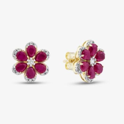 9ct Yellow Gold Certified Lab Grown 3.00ct Ruby & 0.25ct Diamond Flower Stud Earrings LGE46343-RD
