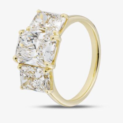 18ct Yellow Gold Certificated 5.09ct Lab Grown Radiant Cut Diamond Three Stone Ring U3804
