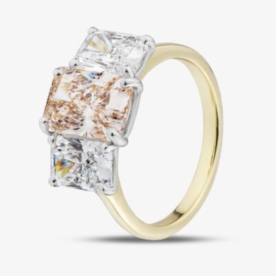 18ct Yellow Gold Certificated 4.59ct Lab Grown Pink & White Radiant Cut Diamond Three Stone Ring U3800