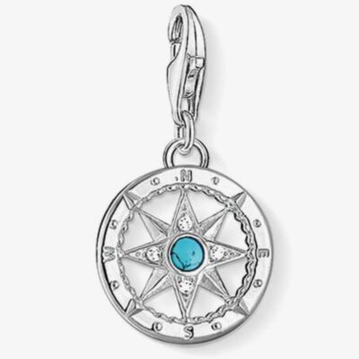 THOMAS SABO Silver Pave Synthetic Turquoise Compass Charm 1228-405-17