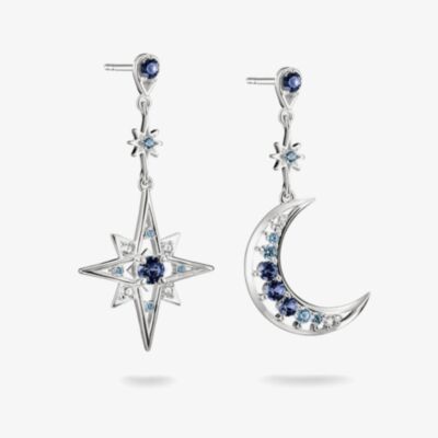 THOMAS SABO Sterling Silver & Blue Crystal Moon & Star Drop Stud Earrings H2379-166-1