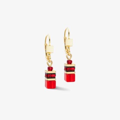 Coeur De Lion GeoCUBE Gold Tone Red Multi Stone Dropper Earrings 2800/20-0300